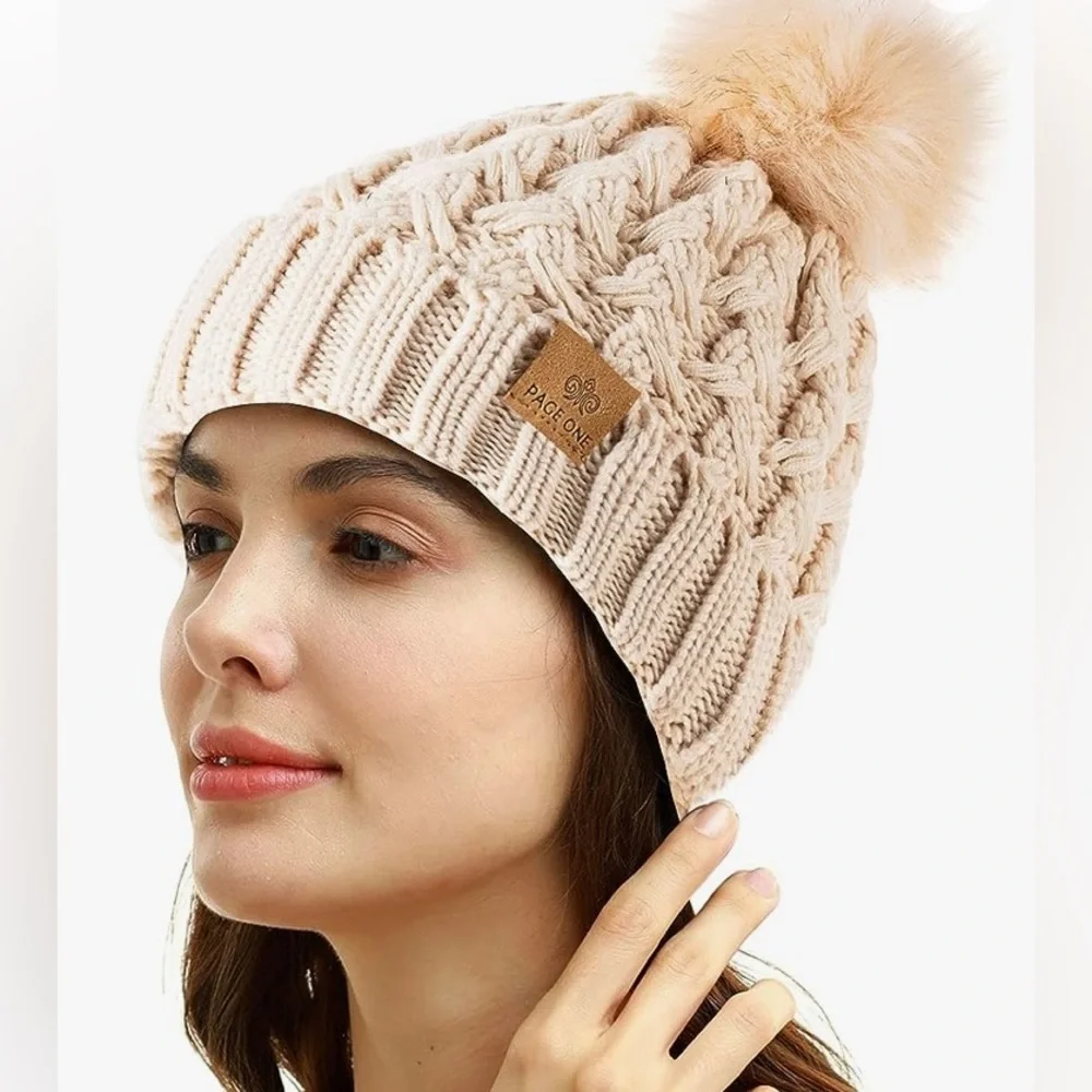 PAGE  Winter Ribbed Beanie Crossed Cap Chunky Cable Knit Pompom Soft Warm Hat - Picture 2 of 10